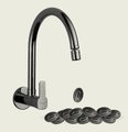 A product image of a black wall-mounted gooseneck kitchen faucet with a pull-down sprayer, accompanied by a row of metallic (chrome and black) air gaps or accessories displayed below.