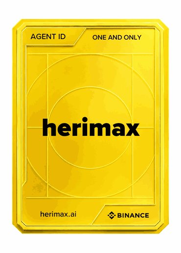 A gold Binance-branded card with “AGENT ID,” “ONE AND ONLY,” “herimax,” “herimax.ai,” and the “BINANCE” logo.