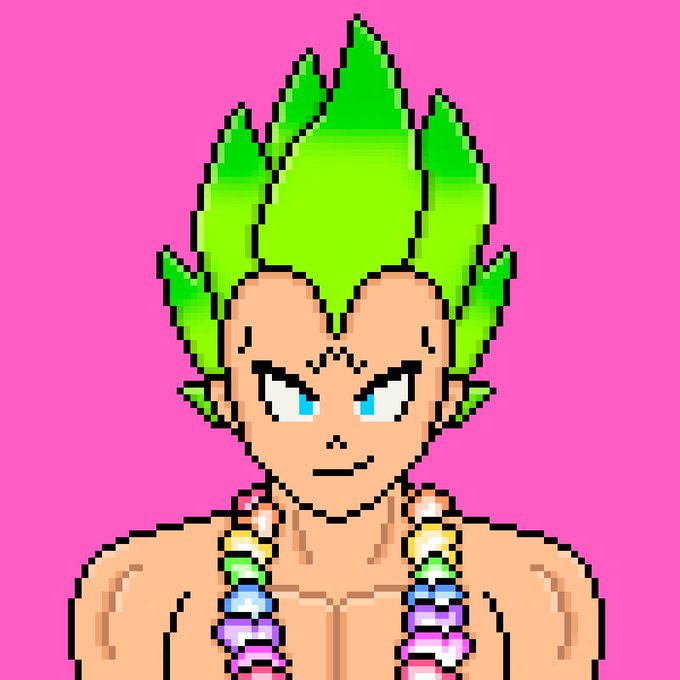 A pixel art character resembling Kefla from Dragon Ball with green spiky hair, blue eyes, wearing colorful beaded necklaces against a bright pink background.