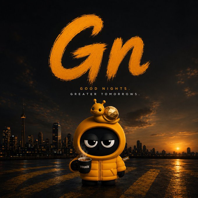 A nighttime cityscape graphic with stylized "Gn" lettering and the tagline "GOOD NIGHTS. GREATER TOMORROWS." alongside a small hooded character holding a cup labeled "YOUKIE".