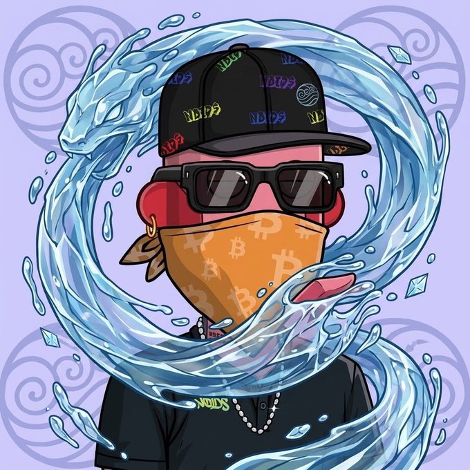 A cartoon character wearing a black cap with "NFTs" printed across it, dark sunglasses, and an orange Bitcoin-patterned bandana covering the lower face, is surrounded by a swirling water dragon against a lavender background, complementing the "gm nfts" post by visually representing a crypto/NFT enthusiast's morning greeting.