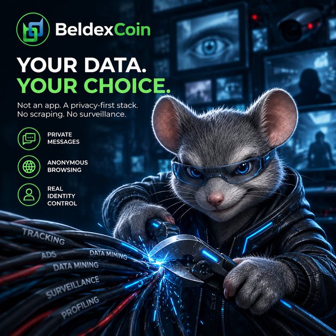 A promotional image for 'BeldexCoin' featuring a cat wearing goggles and a leather jacket cutting through data cables labeled 'TRACKING', 'ADS', 'DATA MINING', 'SURVEILLANCE', and 'PROFILING', with the tagline 'YOUR DATA. YOUR CHOICE.'