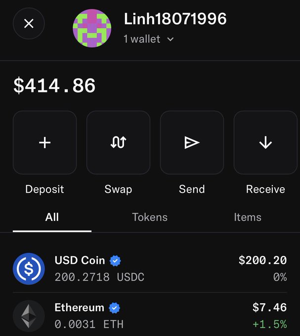 A crypto wallet app showing a balance of $414.86 with holdings of USD Coin and Ethereum, featuring Deposit, Send, Swap, and Receive options.