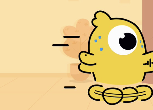 A cartoon yellow chick with a wide eye and sweat drops runs across a tiled floor in a simple room setting. The image of the speedy little chick visually mirrors the post's message about AI accelerating game development, suggesting how AI tools are helping creators move faster through the game discovery and building process.