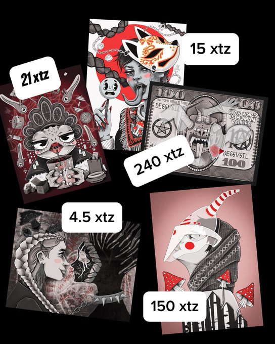 A collection of stylized NFT artwork pieces featuring horror-themed character illustrations with price tags in XTZ (Tezos cryptocurrency): 21 xtz, 15 xtz, 240 xtz, 4.5 xtz, and 150 xtz.