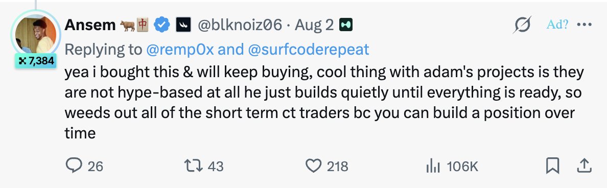 A tweet from user Ansem (@blknoiz06) dated Aug 2, replying to @remp0x and @surfcoderepeat, discussing a project by adam and his strategy of building quietly, gathering 106K views.