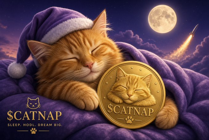 A serene orange tabby kitten wearing a purple nightcap naps beside a gold "$CATNAP" coin under a full moon and rocket-trail sky, with the tagline "SLEEP. HODL. DREAM BIG." — perfectly matching the post's playful teaser about counting naps until the $CATNAP token launch.