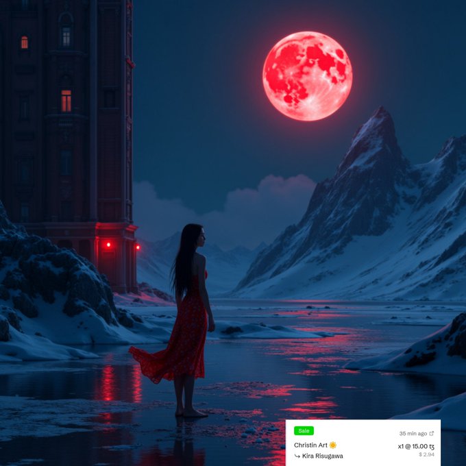 A woman in a flowing red dress stands barefoot on a frozen lake beneath a glowing red moon, with a tall, dimly lit castle looming to the left and snow-capped mountains in the background. An overlay in the bottom-right shows the artwork "Christin Art" by Kira Risugawa, marked "SOLD" with "x1 @ 15.00 tg," celebrating its acquisition by collector @risugawa.