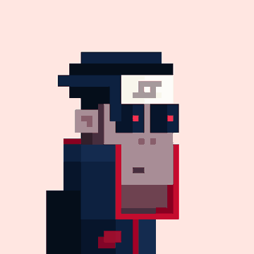 A pixel art illustration of a character with a robotic eye and goggles, wearing a dark coat with red accents.