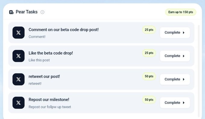 A screenshot of "Pear Tasks" showing four available social media engagement tasks on X (formerly Twitter)—commenting, liking, retweeting, and reposting—worth 25-50 points each, with up to 150 total points available, complementing the post's instructions to complete newly added waitlist tasks for the PEAR crypto project at rewards.pear.trade.