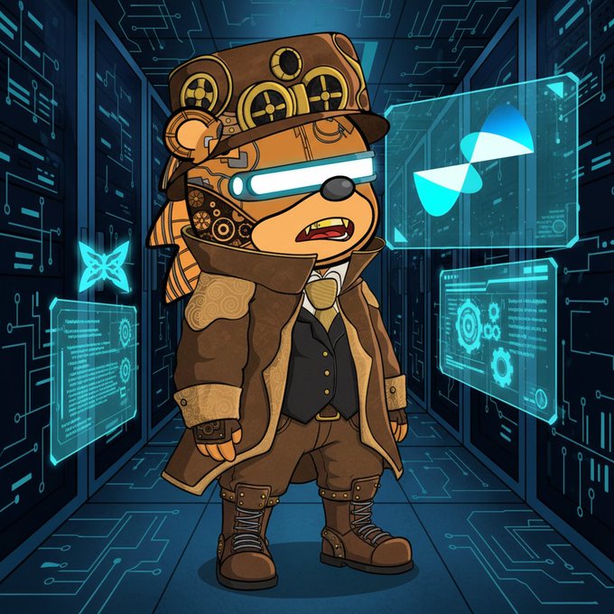 A cartoon character wearing a fancy hat, coat, and boots with glasses on his eyes walks into an office building-like space with lots of computer screens surrounding him. The main character appears excited about this digital workspace and talks about the new community wallet he has been working on recently.