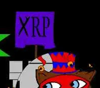 A distorted image showing a red-haired character at the bottom with a tall purple banner above them displaying the text "PROTON" in elongated, inverted lettering. The visual ties to the post's theme of inversion and confusion, with the purple banner prominently representing Proton, while the garbled, flipped appearance reinforces the "XRP -> XPR" reality-flip concept mentioned in the caption.