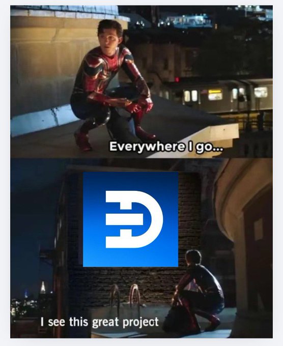 A two-panel meme featuring Tom Holland as Spider-Man crouching on a ledge in a city setting. The top panel says "Everywhere I go..." and the bottom panel shows the same character looking at a large blue logo with "I see this great project", referencing the DWF Labs logo.