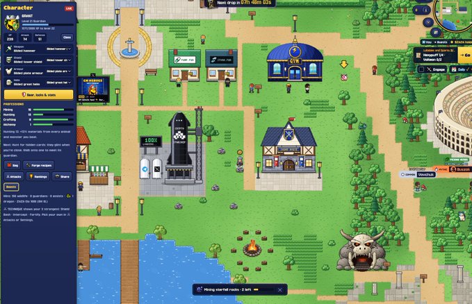 A screenshot of a pixel art video game showing a character in a town square with a chat window on the left and a mission to 'Mining colorful rocks'.