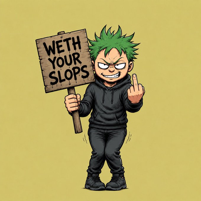 Cartoon illustration of an angry character with spiky green hair wearing a black hoodie, holding a wooden sign that reads 'WETH YOUR SLOPS' and gesturing with their middle finger.