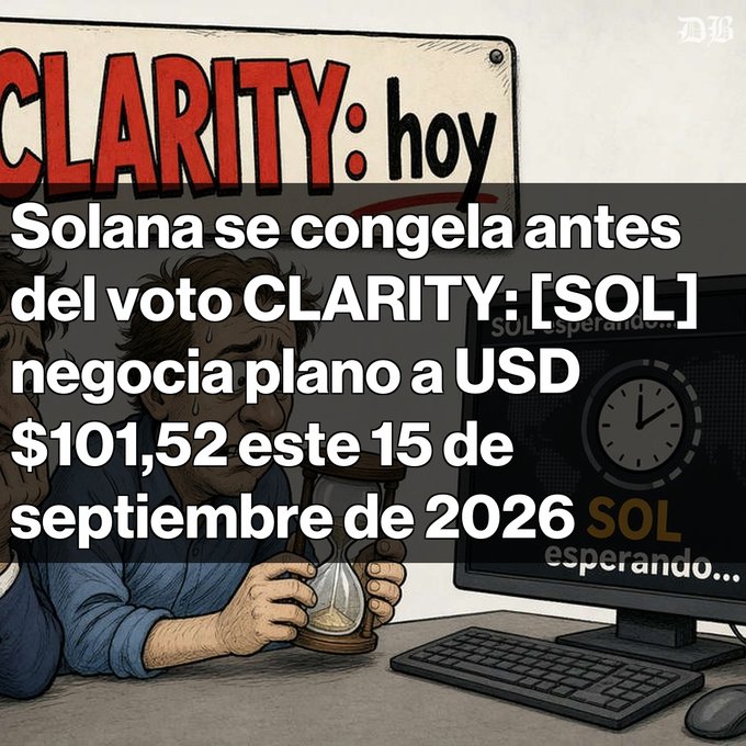 An illustrated image showing a man looking at a computer screen displaying 'CLARITY: hoy' and 'SOL esperando...' with overlay text in Spanish: 'Solana se congela antes del voto CLARITY: [SOL] negocia plano a USD $101,52 este 15 de septiembre de 2026'.