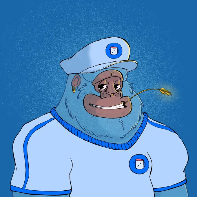 A digital cartoon illustration depicts a blue gorilla wearing a sailor hat and uniform, smoking a cigarette, set against a dark blue textured background.