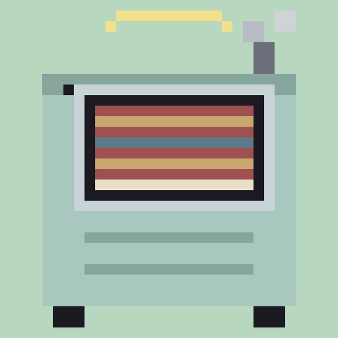 A pixel art illustration of a vintage computer monitor displaying stacked horizontal colored bars, with a yellow handle and gray antenna on top. The retro CRT aesthetic complements the post's nostalgic reference to "quotrons" (old-fashioned stock ticker displays), humorously replacing financial data with vibrant bands to represent "hopium" over "copium" — suggesting optimistic crypto/NFT sentiment.