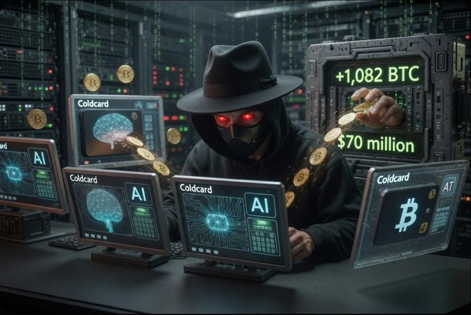 A shadowy hacker in a black hat and mask with glowing red eyes sits surrounded by multiple screens displaying "Coldcard" branding alongside brain and chip imagery labeled "AI," while holding up Bitcoin coins next to a readout showing "+1,082 BTC" and "$70 million." The image visually dramatizes the claim that an AI-assisted attack drained $70 million worth of Bitcoin (1,082 BTC) from Coldcard hardware wallets.