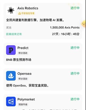 A mobile app screen displays a list of active tasks with green '进行中' status, including 'Axis Robotics' (reward 1,500,000 Axis Points, 27 days remaining), 'Predict' (BNB原生预测市场), 'Opensea', and 'Polymarket'.