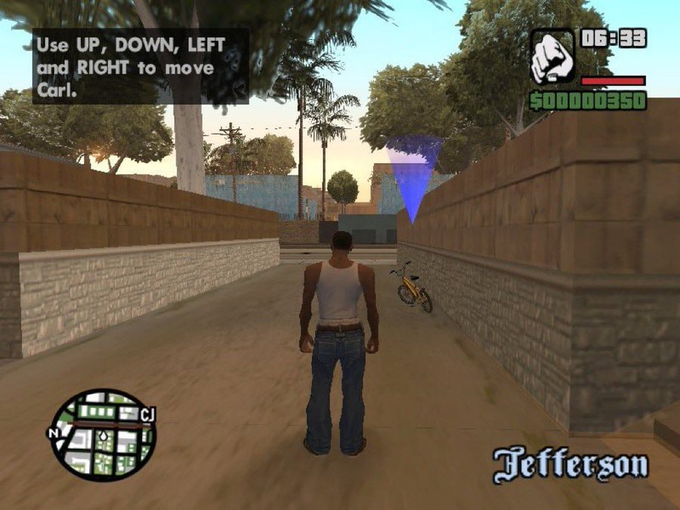 A screenshot from Grand Theft Auto: San Andreas shows the character Carl Johnson ("CJ") standing in a Jefferson alleyway, with on-screen instructions prompting the player to "Use UP, DOWN, LEFT and RIGHT to move Carl" and a wallet displaying $00000350. The post humorously implies the author was too busy playing this iconic 2008 game to invest in Bitcoin at its early, low price.