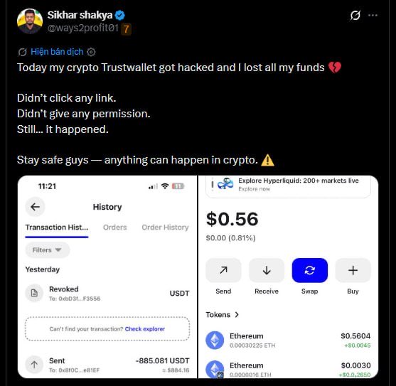 A tweet by @ways2profit01 (Silkhar shakya) warning that their crypto Trustwallet got hacked, showing transaction history with a sent balance of -885.081 USDT.