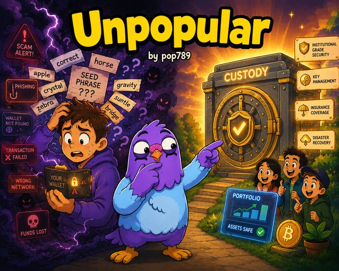 A colorful cartoon illustration titled 'Unpopular by pop789' depicting a confused boy with a wallet surrounded by scam alerts, a purple bird, a custody vault, and children looking at a portfolio marked 'ASSETS SAFE'.