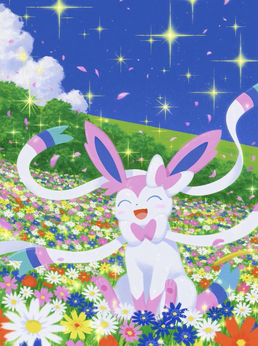 An anime artwork featuring Sylveon from Pokémon sitting in a vibrant field of flowers beneath a starry night sky with sparkling lights.