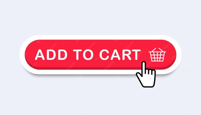 A red digital button with white text reads "ADD TO CART" next to a shopping basket icon, being clicked by a pixelated white cursor hand.