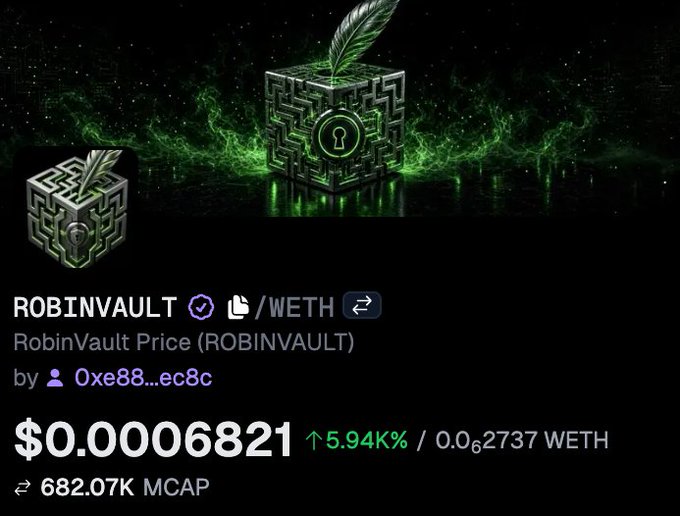 A cryptocurrency token page for 'ROBINVAULT' showing a price of $0.0006821 (up 5.94%) and 682.07K market cap, featuring a green 3D cube with a feather and lock icon.