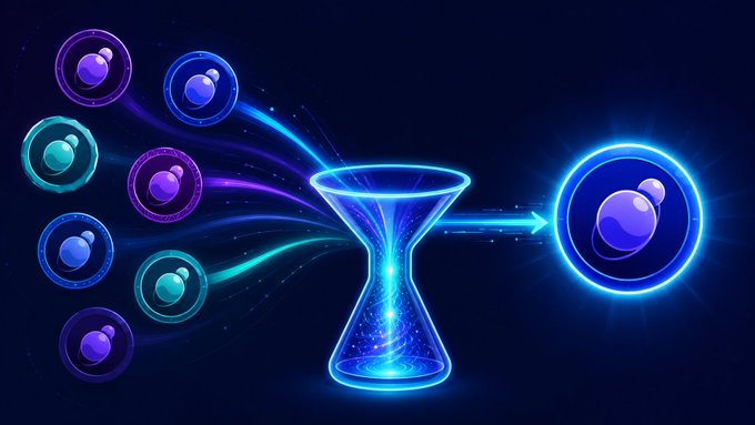 A digital illustration showing various colored tokens flowing into a glowing blue hourglass that channels them into a single larger token on the right.