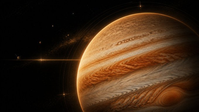 A space illustration showing a large Jupiter-like gas giant with swirling orange and brown bands, accompanied by small moons and a distant spacecraft against a starry background.
