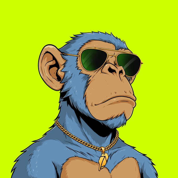 A blue-furred ape cartoon character wearing gold aviator sunglasses and a chunky gold chain with a pendant, styled with confidence against a neon yellow background, perfectly matching the "Blue Fur Apes" theme of @TheSuitedApes' #SuitUp post.