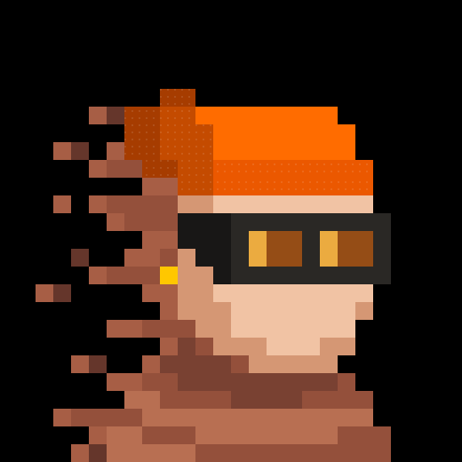 A pixel art portrait of a figure wearing an orange beanie and dark goggles, with a brown scarf blowing in the wind.