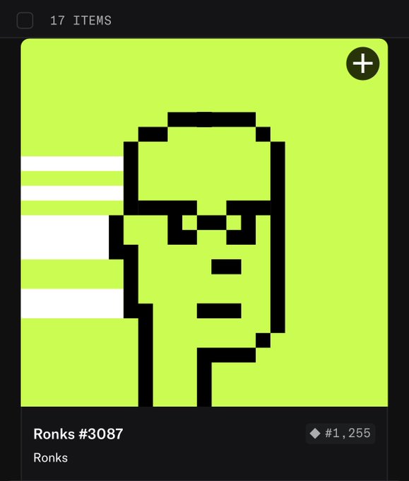 The image shows an NFT listing for "Ronks #3087" priced at 1,255, displayed as a lime-green pixel-art character wearing sunglasses. The Turkish caption translates to expressing excitement about buying an NFT as a gift and mentions a first entry into RH (likely Ronks Hub), joking that no one is safe anymore.