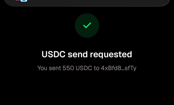 A mobile app confirmation screen displaying a green checkmark and the text 'USDC send requested - You sent 550 USDC to 4xBfd8...sfTy'.