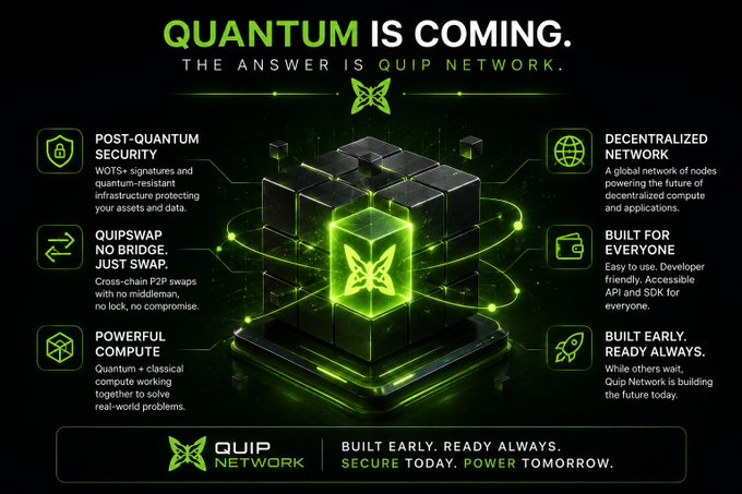 A dark green infographic titled 'QUANTUM IS COMING. THE ANSWER IS QUIP NETWORK.' promoting the Quip Network with features including Post-Quantum Security, Quipswap, Powerful Compute, Decentralized Network, Built for Everyone, and Built Early/Ready Always.