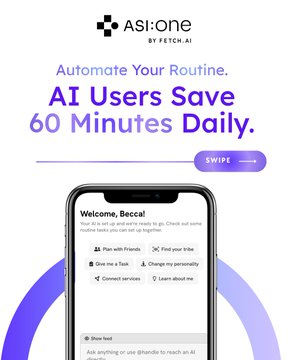 The image shows an iPhone displaying a message about using AI to save time by automating daily routines. The phone's screen displays a list of tasks that can be completed by AI, such as scheduling appointments or sending reminders. The text on the phone reads "Automate Your Routine. AI Users Save 60 Minutes Daily. Swipe to read more ASI:One powered by agentic intelligence". This message encourages users to utilize AI technology for time management and productivity purposes.