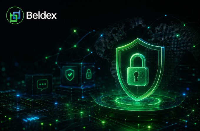 A dark green digital graphic displaying the "Beldex" logo with a green shield and padlock icon, along with connected nodes representing security and encryption.
