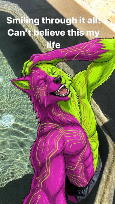 An illustration of a smiling anthropomorphic wolf character with purple and neon green fur featuring circuit board patterns, with the text 'Smiling through it all! Can't believe this my life'.