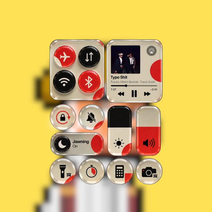 A smartphone screen displays a customized control center interface with red and cream circular buttons, showing the song "Type Shit" by Future, Metro Boomin, Travis Scott playing in the music widget.