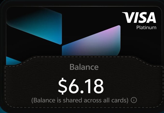 A digital Visa Platinum card interface displays a balance of $6.18, with text noting 'Balance is shared across all cards.'