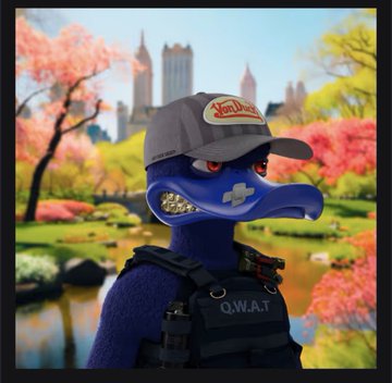 A 3D-rendered blue anthropomorphic character (labeled "Q.W.A.T") wearing a cap and tactical vest, set against a backdrop of cherry blossom trees and a city skyline.