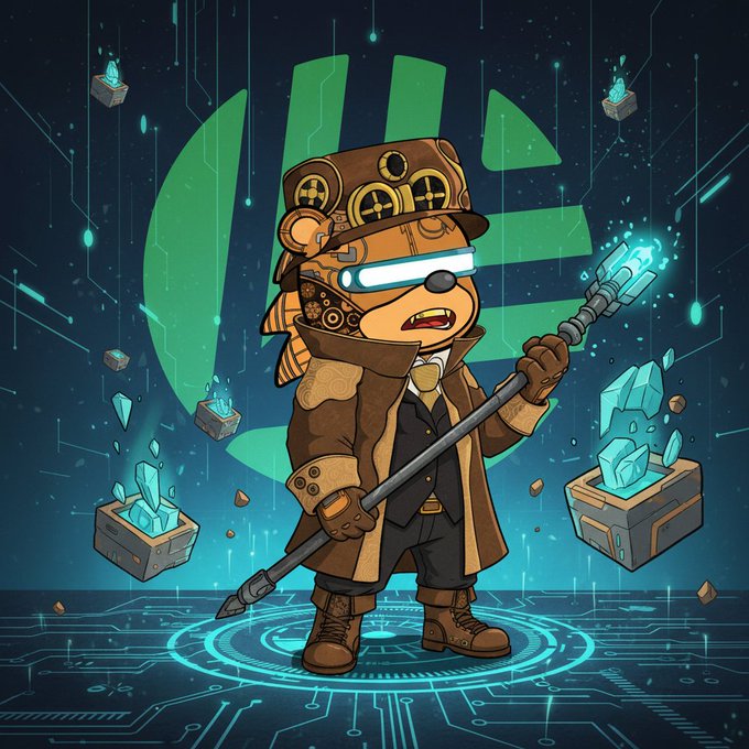 An illustrated steampunk character wearing goggles and a top hat holds a glowing staff, surrounded by floating crystals with a green logo in the background.