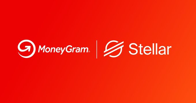 A red banner displaying the MoneyGram and Stellar logos side by side, indicating a partnership between the remittance company and the blockchain network.