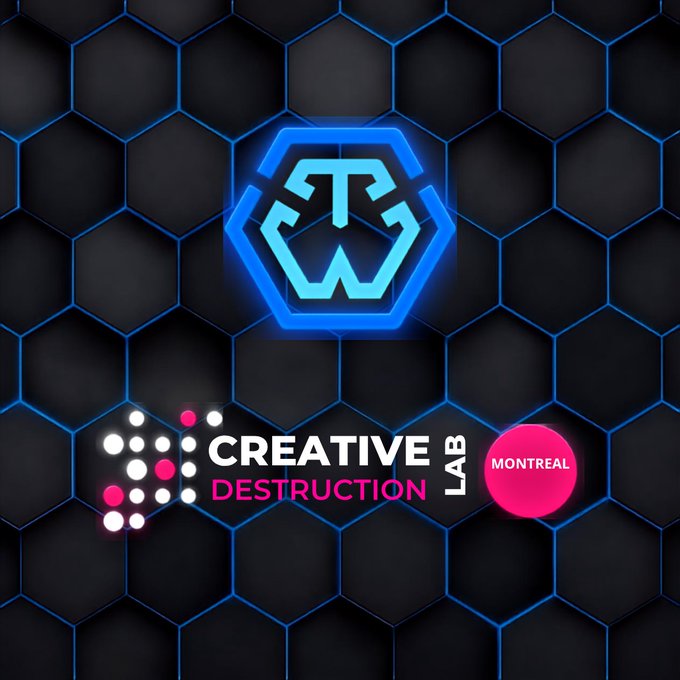 A blue neon hexagonal 'TW' logo glows on a dark honeycomb background above the 'CREATIVE DESTRUCTION LAB MONTREAL' branding with its pink and white dotted logo.
