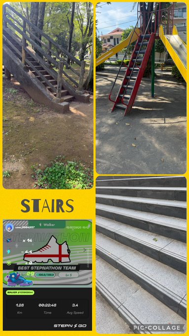 A collage titled 'STAIRS' showing photos of various staircases and playground equipment alongside a StepN app screenshot displaying a Walker sneaker with stats: 1.28 Km, 00:02:48 time, 3.4 Avg Speed.