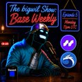 A promotional graphic for "The Biggest Show: Base Weekly" Episode 5, featuring an animated character in a suit with microphone in hand, advertising a Twitter Space with QuickSwap Co-Founder CryptoRocky on Monday, August 3 at 11:00 PM UTC to discuss protocol updates and future plans.