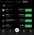 A cryptocurrency trading app screen showing a Commissions/Futures portfolio with positions including DEGEN, OFUN, VELODROME, NIGHT, and NEAR tokens, each displaying prices and green P&L percentages.