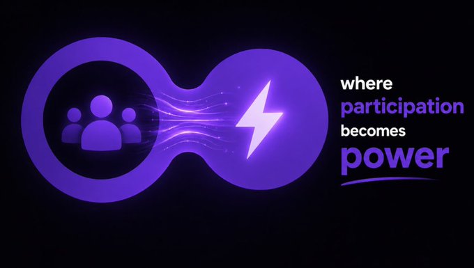 A glowing purple infinity symbol containing a group of people icon on one side and a lightning bolt on the other, alongside the text "where participation becomes power," visually representing the post's message about $MCV creating an ecosystem that transforms user participation into something powerful.